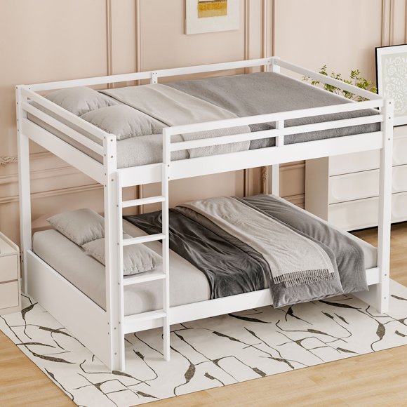 Noble House Queen Size Wood Bunk Bed with Ladder,Solid Pine & MDF Frame,Guardrails & Wood Slats,White