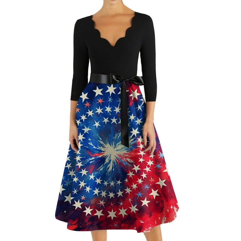 Wrap Dress For Women, 4Th Of July 50S Party Dress Casual V Neck
