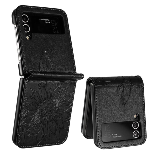 Funda tipo cartera con girasoles grabados para Samsung Z Flip 3: elegante, multifuncional y con protección total.