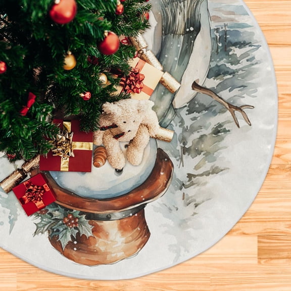 Christmas Snowman and Trees Christmas Tree Skirt 48 Inch Winter Xmas Tree Mat for Home Party Holiday Decorations