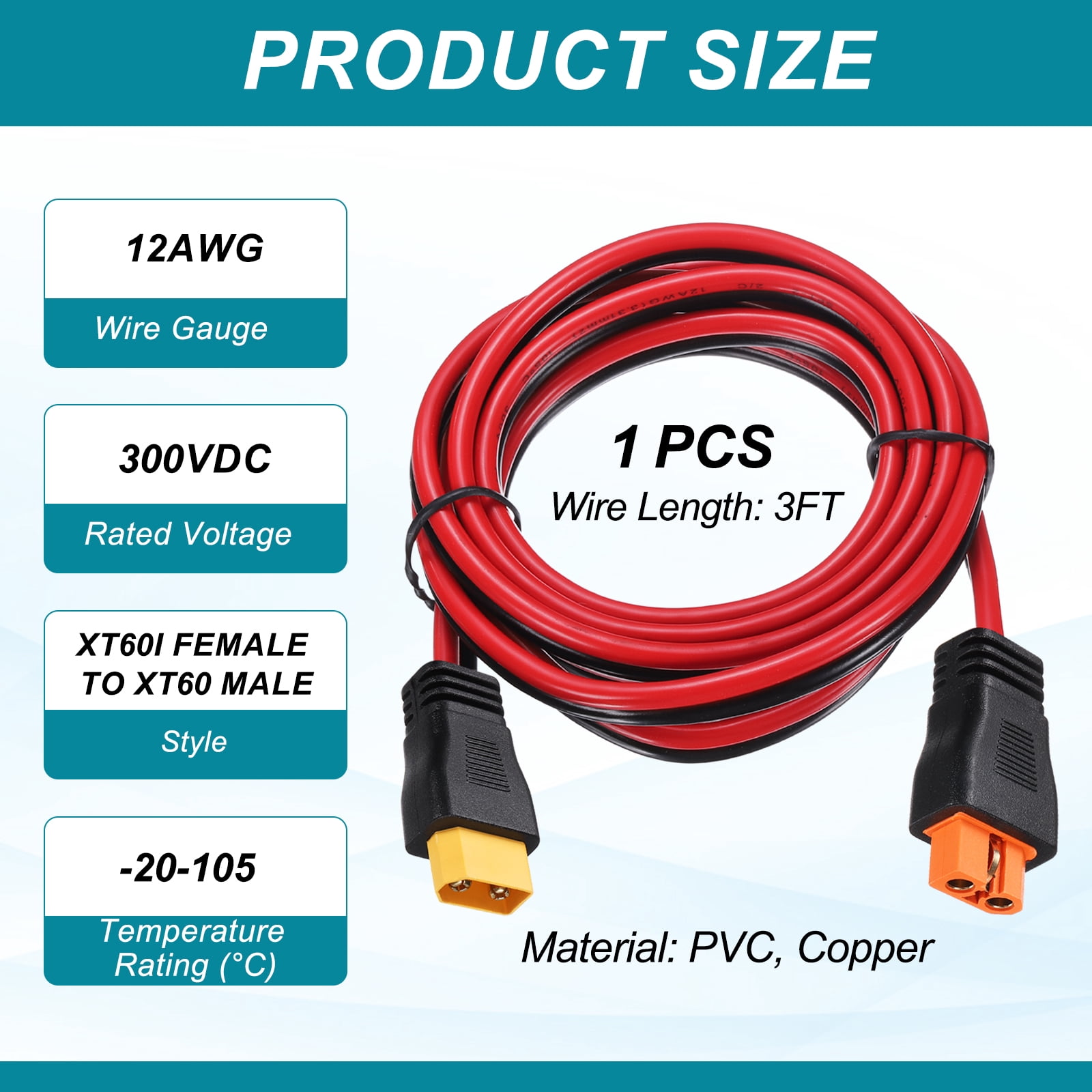 Uxcell 300VDC XT60 Extension Cable, 12AWG 3FT XT60i Female to XT60 Male Connector Cable for RC Battery Portable Power Station Solar Panel FPV Drone