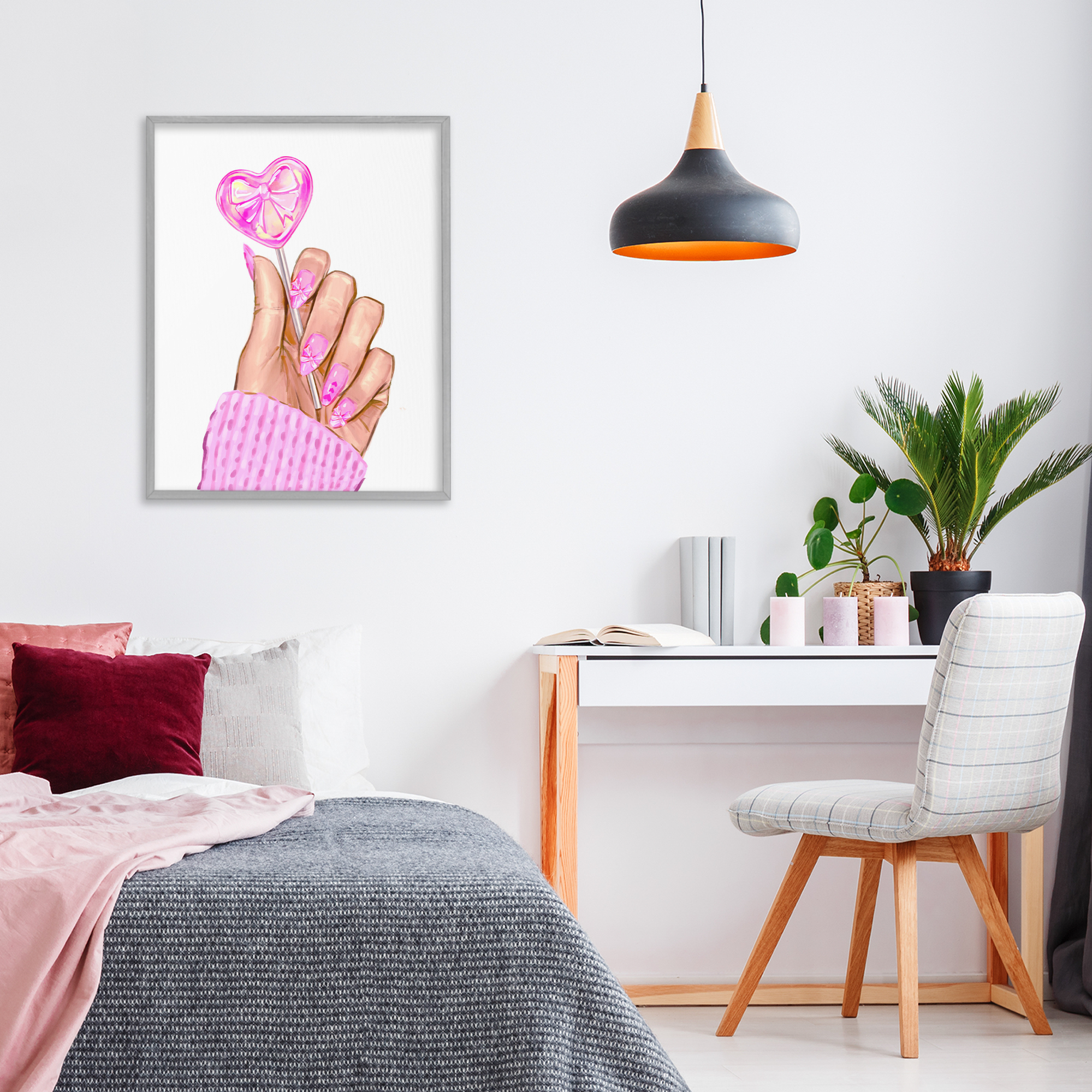 Pink Fashion Bow Lollipop Gray Framed Giclee Art, design by Ziwei Li