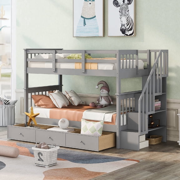 Twin-Over-Twin Bunk Bed Frame with Storage staircase and Able to Split, Solid Wood Bunk Bed Frame with 3 Drawers for Bedroom, Apartment, Mattress not included, No Spring Box Needed, Gray