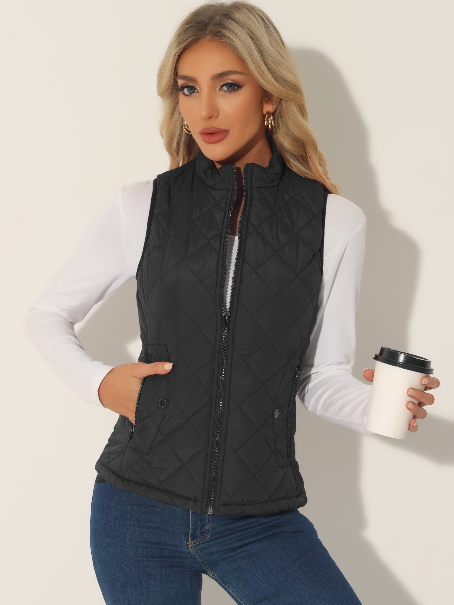 DARING DIVA Women's Zip Stand Collar Quilted Padded Vest M Black