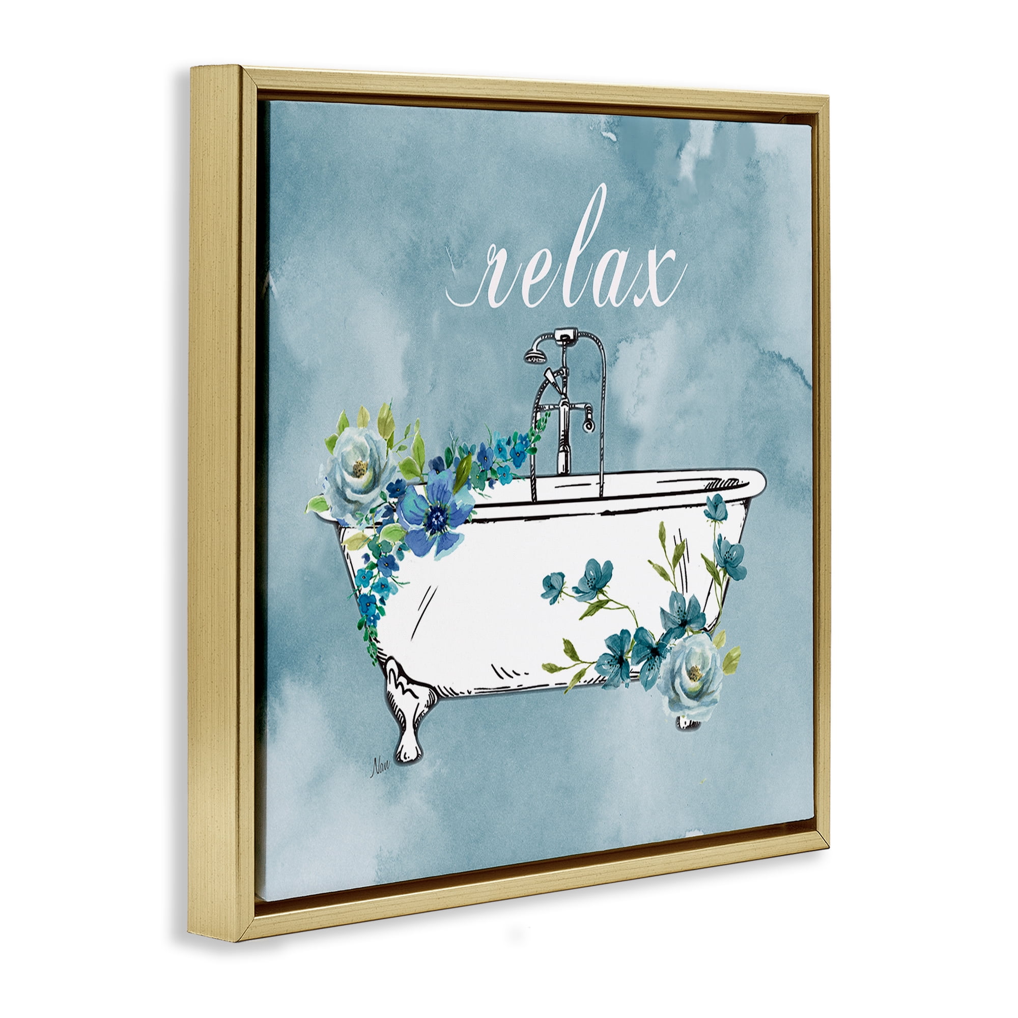 Stupell Industries Floral Bathroom Rules Relax Gold Framed Floater Canvas Wall Art, design by Nan