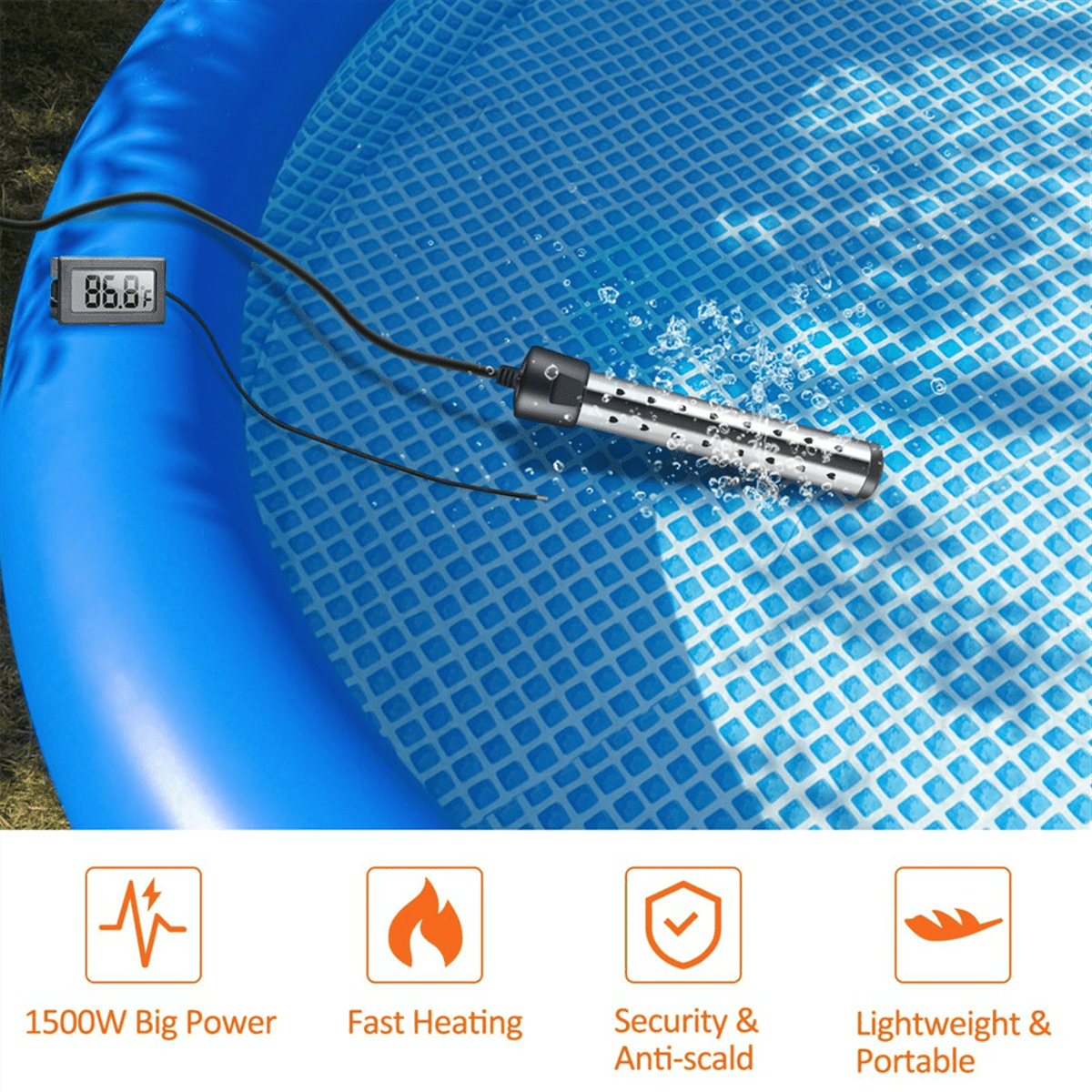 Immersion Water Heater,1500W Pool Heater with Switch Control,Bathtub Heater with Intelligent Temperature Control Us Plug