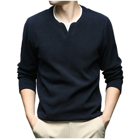 PIOMLL Mens Shirts And Tops Long Sleeve Layered With Inner Layer Two Piece Design Crew Neck Navy Going Out Fall Tops 2XL
