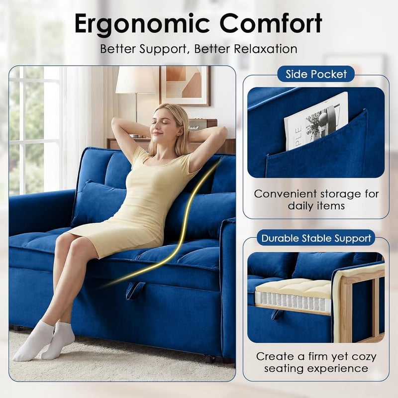 3 in 1 Convertible Sleeper Sofa Bed, 55" Modern Loveseat Pull Out Couch with Adjustable Reclining Backrest & Side Pockets, Velvet Loveseat for Living Room
