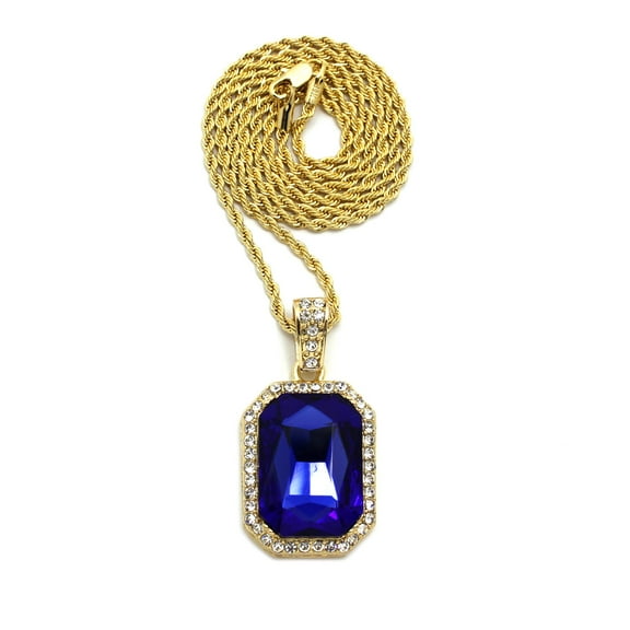Rhinestone Studded Colored Gemstone Pendant w/ 3mm 18" Rope Chain Necklace, Gold-Tone/Blue Stone