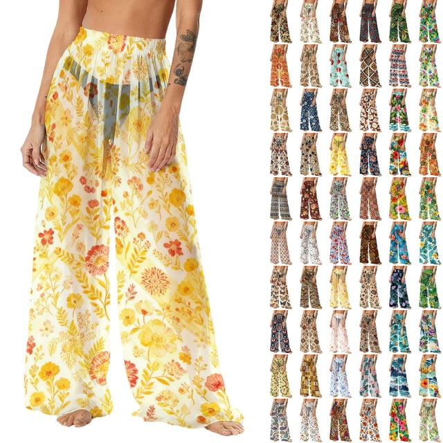 Pincandy Women See Through Sheer Mesh Pants Beach Swimsuit Bikini Bottom Cover up Party Club Elastic High Waist Wide Leg Pants