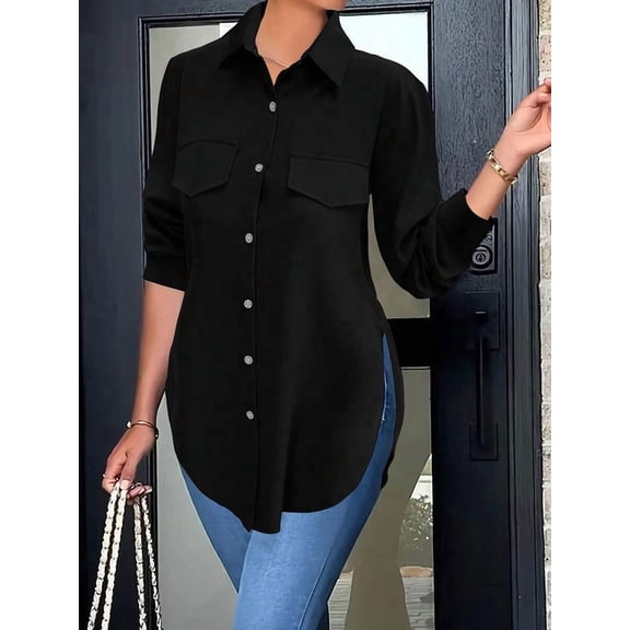 Women's Button Down Shirt with Flap Pockets Collared Neck Long Sleeve Blouse for Daily Wear