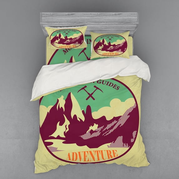 Adventure Duvet Cover Set, Journey Mountain Guides Trekking Climbing Camps Tourism Vivid Colorful Art Print, Bedding Set with Shams and Fitted Sheet, 3 Sizes, by Ambesonne