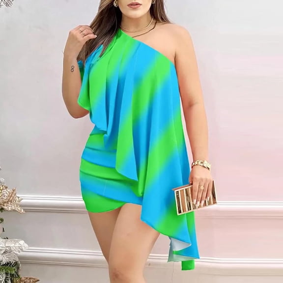 Summer Saving Formal Dresses for Women Ruffle One Shoulder Sexy Wrap Bodycon Night Club Formal Dress Slash Neck Sleeveless Leaves Print Summer Mini Dresses Mint Green XL Clearance Clothes