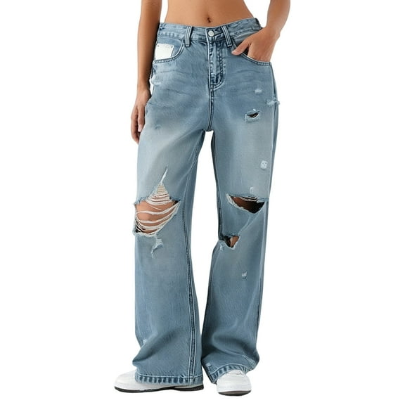 GYUJNB Womens Pants,Washed Ripped Jeans Women's Thin Wide Leg Trousers,Women Casual Pants,Size:S