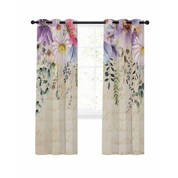 Spring Wildflowers Blackout Curtains for Bedroom Living Room, Pink Purple Floral Green Leaves Vintage 63 In Long Thermal Insulated Room Darkening Drapes Grommet Window Treatments, 42 x 63 In