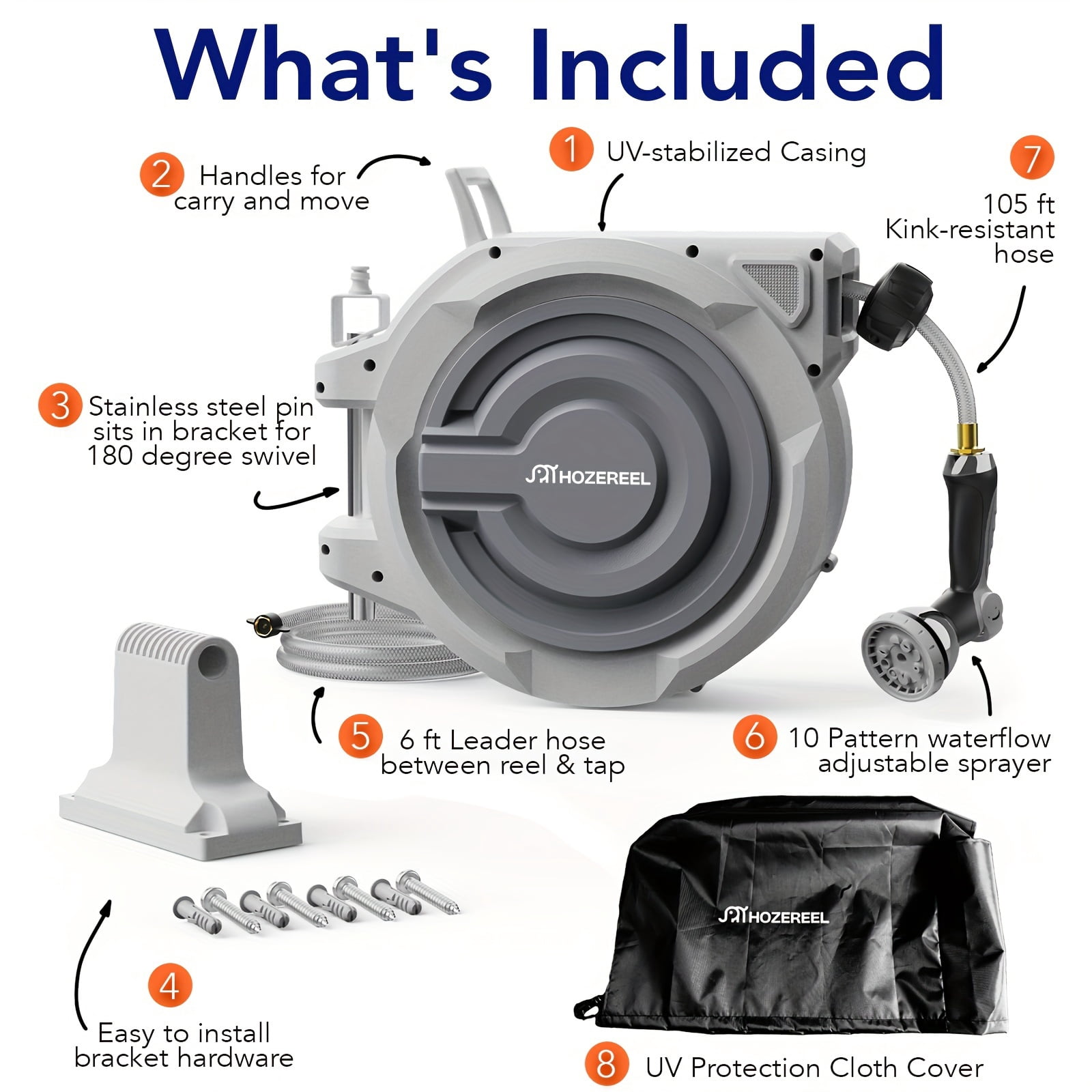 HOZEREEL 72-Ft x 5/8" Retractable Garden Hose Reel, Decorative Outdoor Garden Hose Reel—Automatic Retractable Wall-Mounted Hose Reel with Enclosed Storage, Lockable at Any Length, 10-Type Nozzle