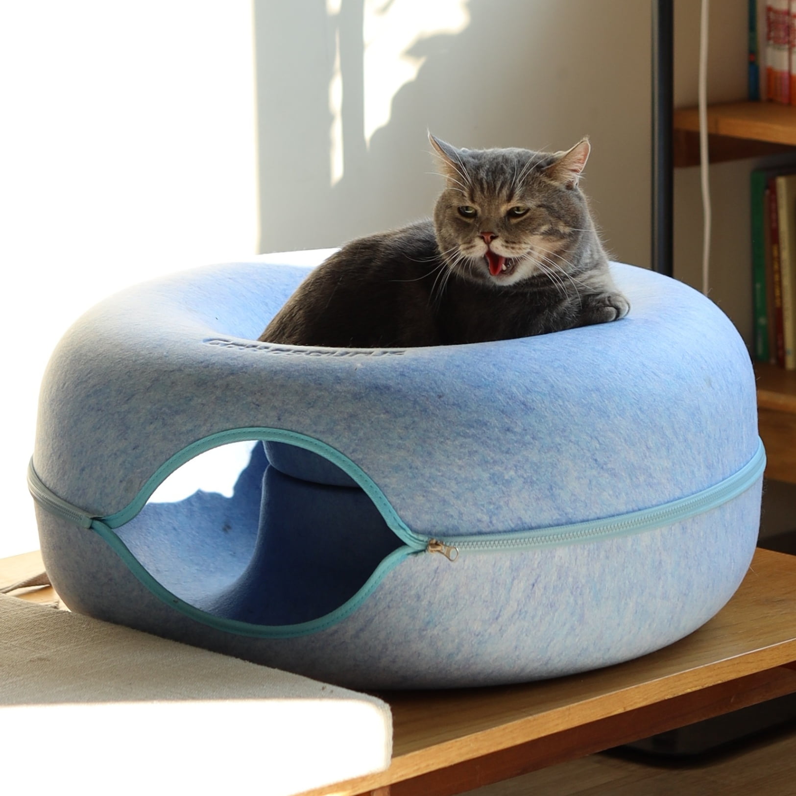 Cattasaurus Indoor Kitty Peekaboo Felt Tunnel Bed for Cats up to 30 lbs, Large, Blue