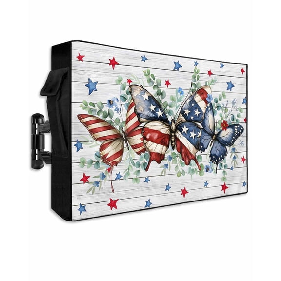 Navy Blue Butterfly 4th of July Outdoor TV Cover 70 to 75 Inch Weatherproof, Red Independence Day Stars 600D Oxford TV Covers with Waterproof Zipper, Outside Flat TV Screen Protector 68"Wx42"Hx4.5"D
