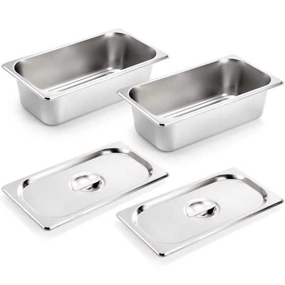 Kingrol 2 Pack Poêles d'Hôtel Taille 1/3 avec Couvercles, Profondeur 3-5/8 Pouces, Poêle à Vapeur 22 Gauge, Poêle de Comptoir en Acier Inoxydable, Poêle de Service Alimentaire pour Cuisine