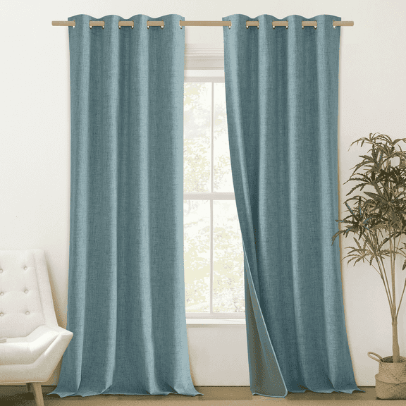 NICETOWN 100% Blackout Curtains 120 inches Long for Bedroom, Faux Linen Curtains Thermal Insulated Grommet Noise Reduce Drapes for Living Room, 2 Panels, Skylark Blue