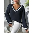 thumbnail image 5 of Women Teen Baggy Fashion Striped Long Sleeve Knit Tops Fall Winter Vneck Pullover Preppy Clothes Hidden Blue M, 5 of 6