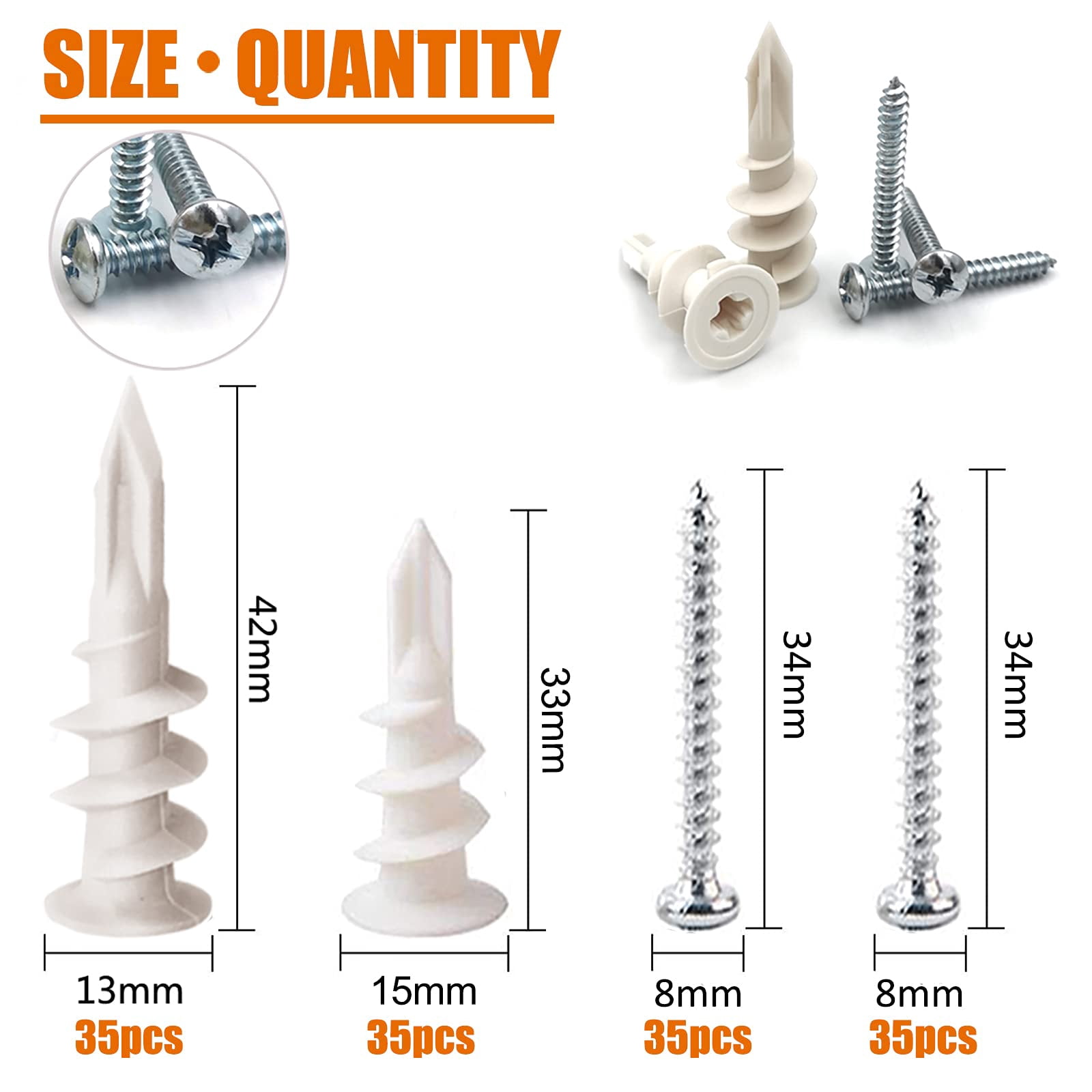 140pcs Plastic Drywall Anchors Self Drilling Hollow Wall Anchors with Screws Assortment Kit (13x42mm + 15x33mm)