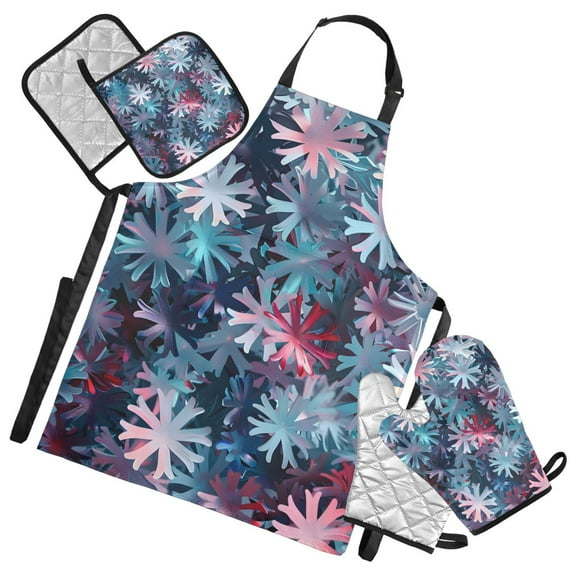 Abstract Vivid Snowflakes 5 Pcs Kitchen Set Heat Resistant Oven Mitts and Non-Slip Pot Holders with Adjustable Cooking Apron
