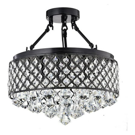 Round Semi Flush Mount Crystal Chandelier, 4 Lights Glam Lighting Fixture with Antique Black Finish, Crystal Encrusted Drum Shade, Bedroom, Living Room, Girls Room, Closet