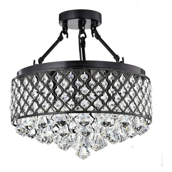 Round Semi Flush Mount Crystal Chandelier, 4 Lights Glam Lighting Fixture with Antique Black Finish, Crystal Encrusted Drum Shade, Bedroom, Living Room, Girls Room, Closet