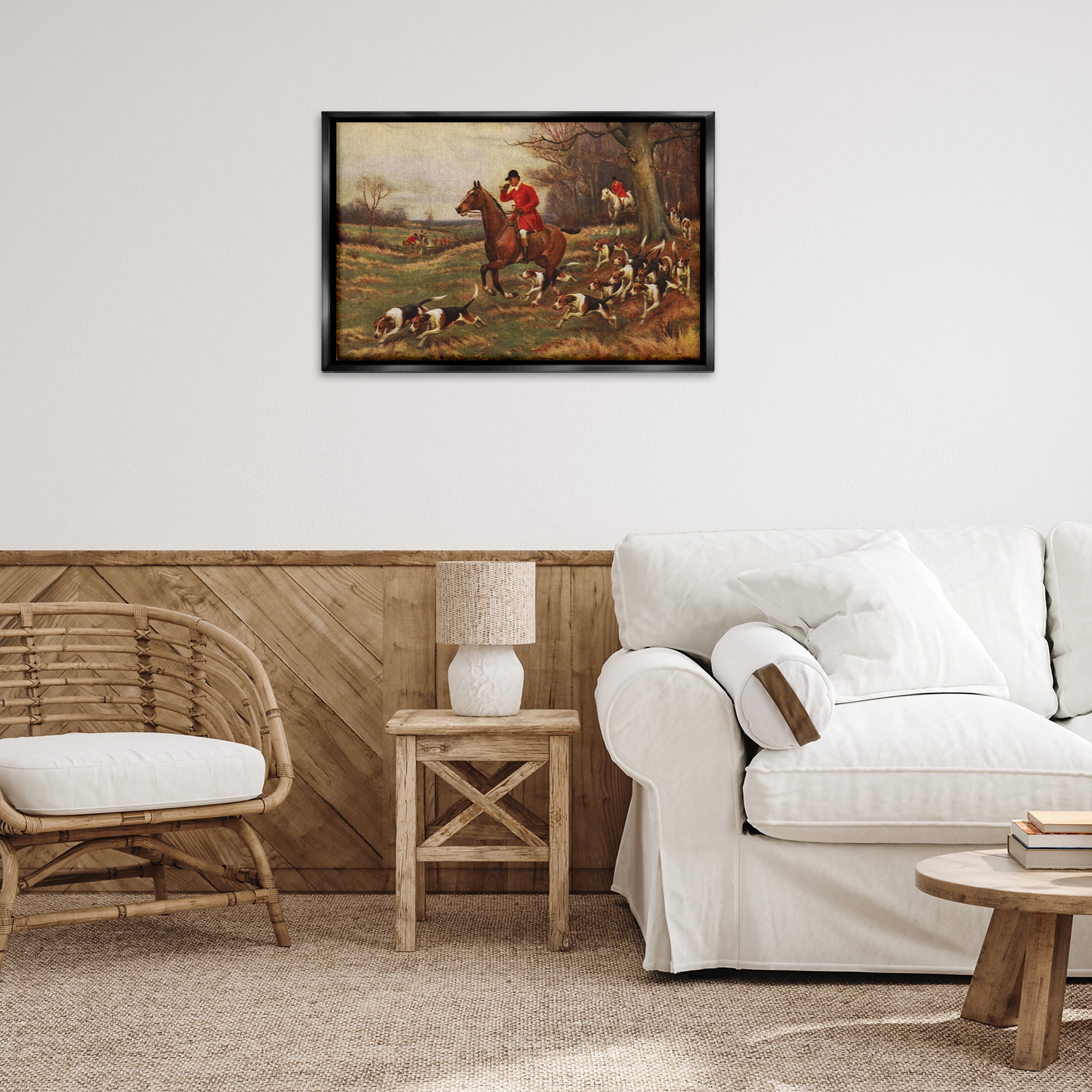 Stupell Industries Vintage Hunting Party Dogs People Painting Black Floater Framed Canvas Art Print Wall Art, 31 x 21