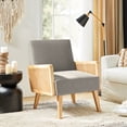 thumbnail image 3 of Farmhouse Accent Chair Rattan Armrests Fabric Upholstered Wooden Reading Armchair Living Bedroom Pewter, 3 of 9