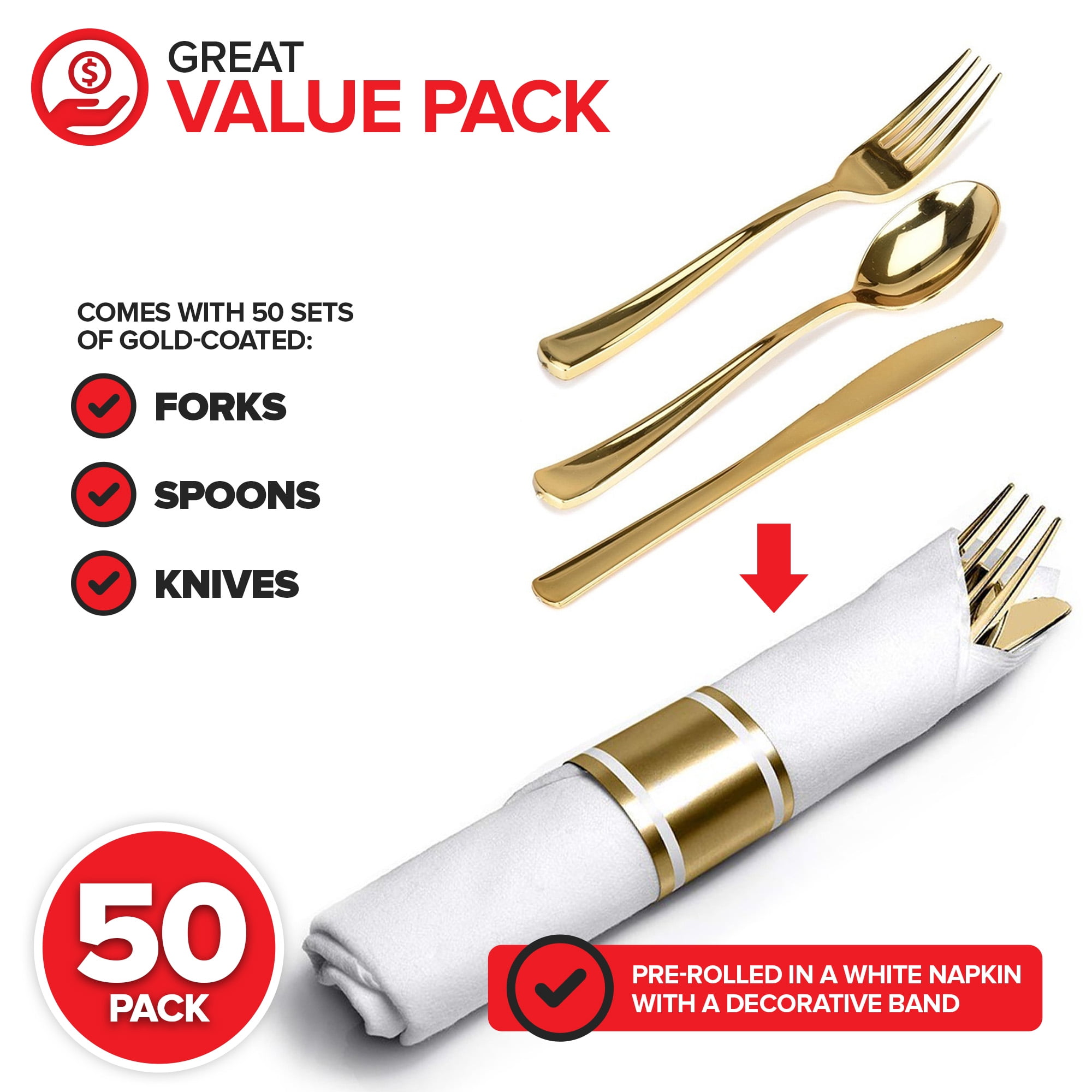 200 Pieces Pre Rolled Gold Plastic Cutlery Set, Individually Wrapped Plastic Silverware Set with 50 Forks, 50 Knives, 50 Spoons, 50 Napkins, Utensils for Weddings, Service for 50 Guests
