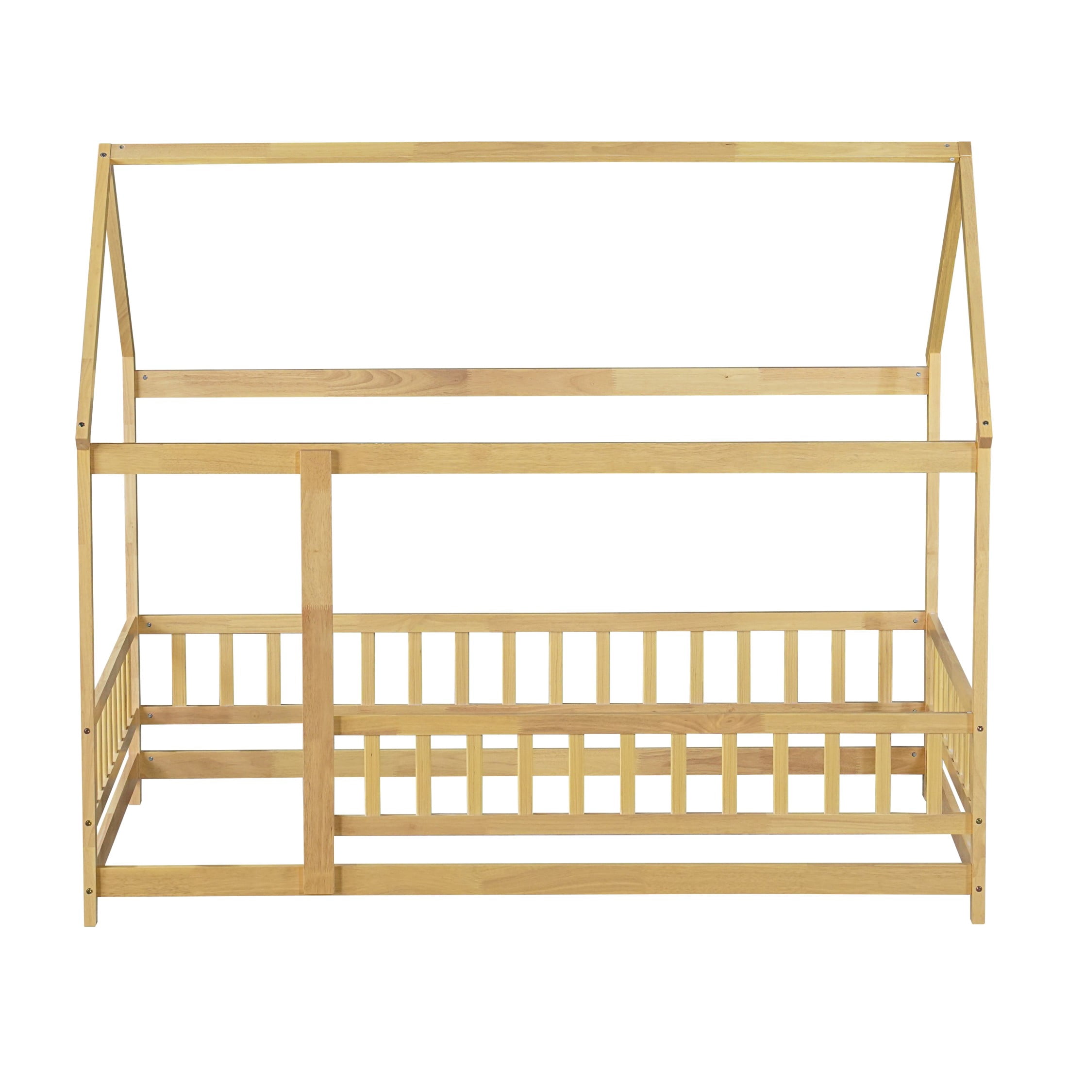 Noble House Travis Twin House Floor Bed with Roof Frame and Safety Fence, Sturdy Wood Montessori Bed, Natural
