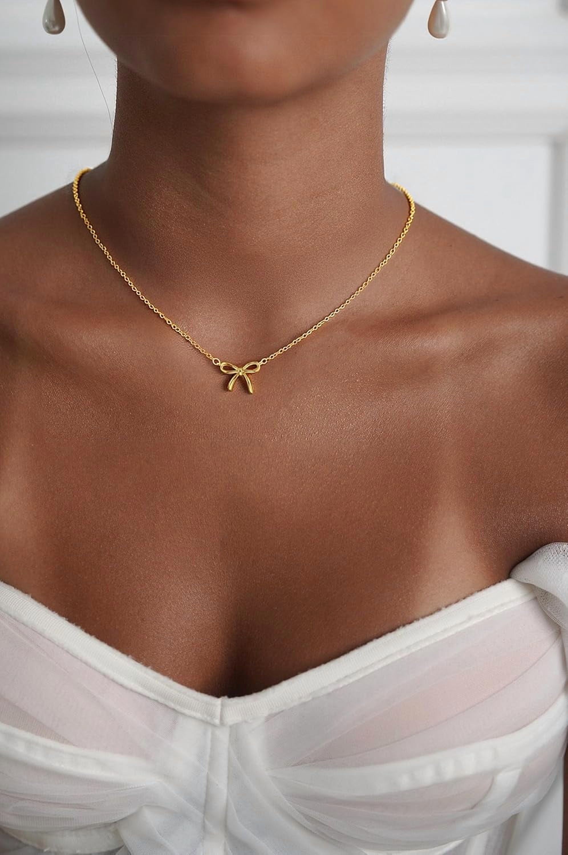 Christmas Gifts Stocking Stuffers Bow Gold Necklace for Women Non Tarnish Dainty 14k Gold Plated Pendant Necklaces Trendy Cute Charm Bow Necklace Gold Jewelry for Women Birthday Gift