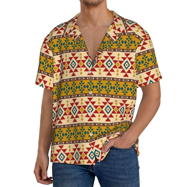 Fotbe Aztec Camisa Estampada de Manga Corta para Hombre, Casual de Verano, Estilo Playero, Sin Arrugas-Small
