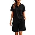 thumbnail image 5 of Mifsaly 2 Piece Short Sets for Women Summer Cotton Linen Short Sleeve V Neck Collared Shirts and Elastic Waist Shorts with Pockets Black,XXL, 5 of 8