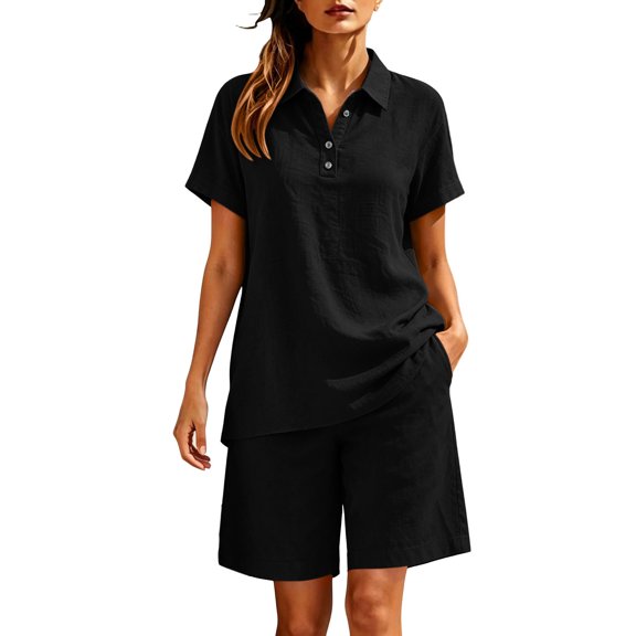 KIHOUT Women's Summer Casual Two Piece Outfit Short Sleeve Lapel Button V Neck Top and Shorts Set Loose Fit Breathable Cotton Linen Blend Tracksuit for Daily Vacation