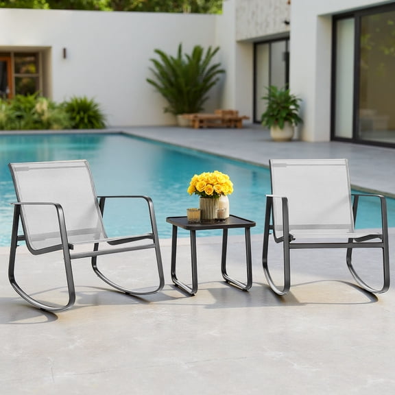 Bigleap 3-Piece Outdoor Rocking Chair Set with Table for Porch, Balcony, Poolside, Brown