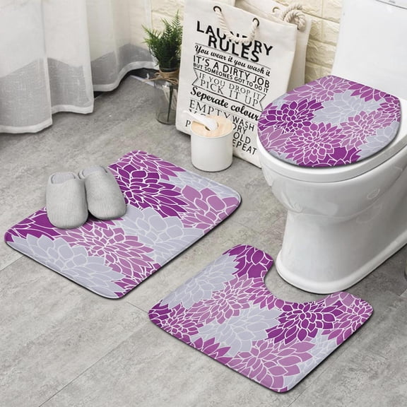 Purple Floral and Petal Pattern Bathroom Rugs Sets 3 Piece,Toilet Cover Set,Absorbent Non Slip Bathroom Mats Sets with U-Shaped Contour Rug Toilet Rug Set