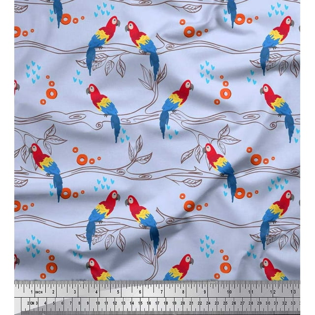 Soimoi Polyester Crepe Fabric Branches,Leaves & Macaw Parrot Bird Print Fabric by Yard 42 Inch Wide