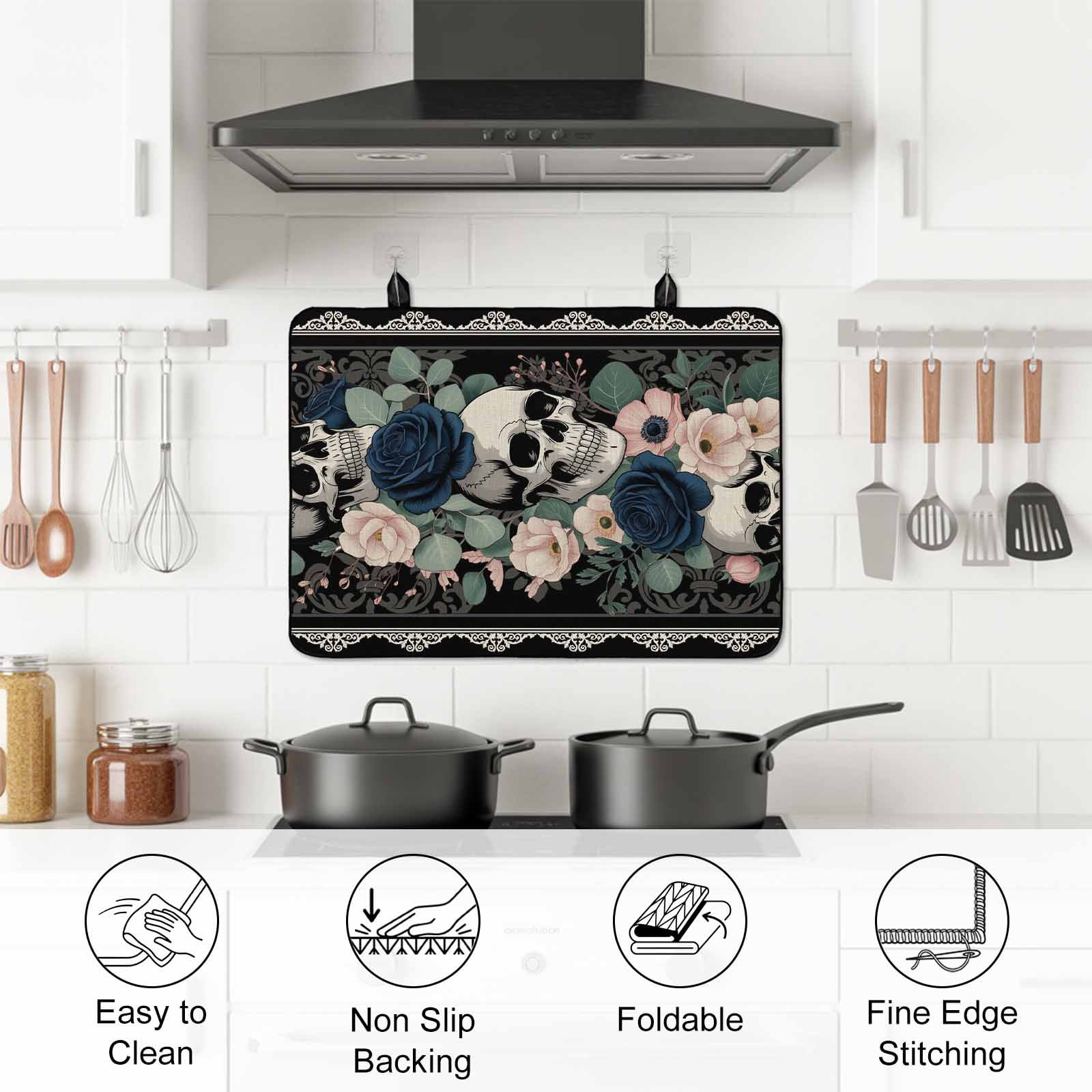 Halloween Stove Top Cover for Electric Stove, Heat-proof & Non Slip Glass Top Stove Cover Protector, Boho Horror Skull Flower Leaf Black Kitchen Flat Cooktop Rubber Mat 24x21 Inches