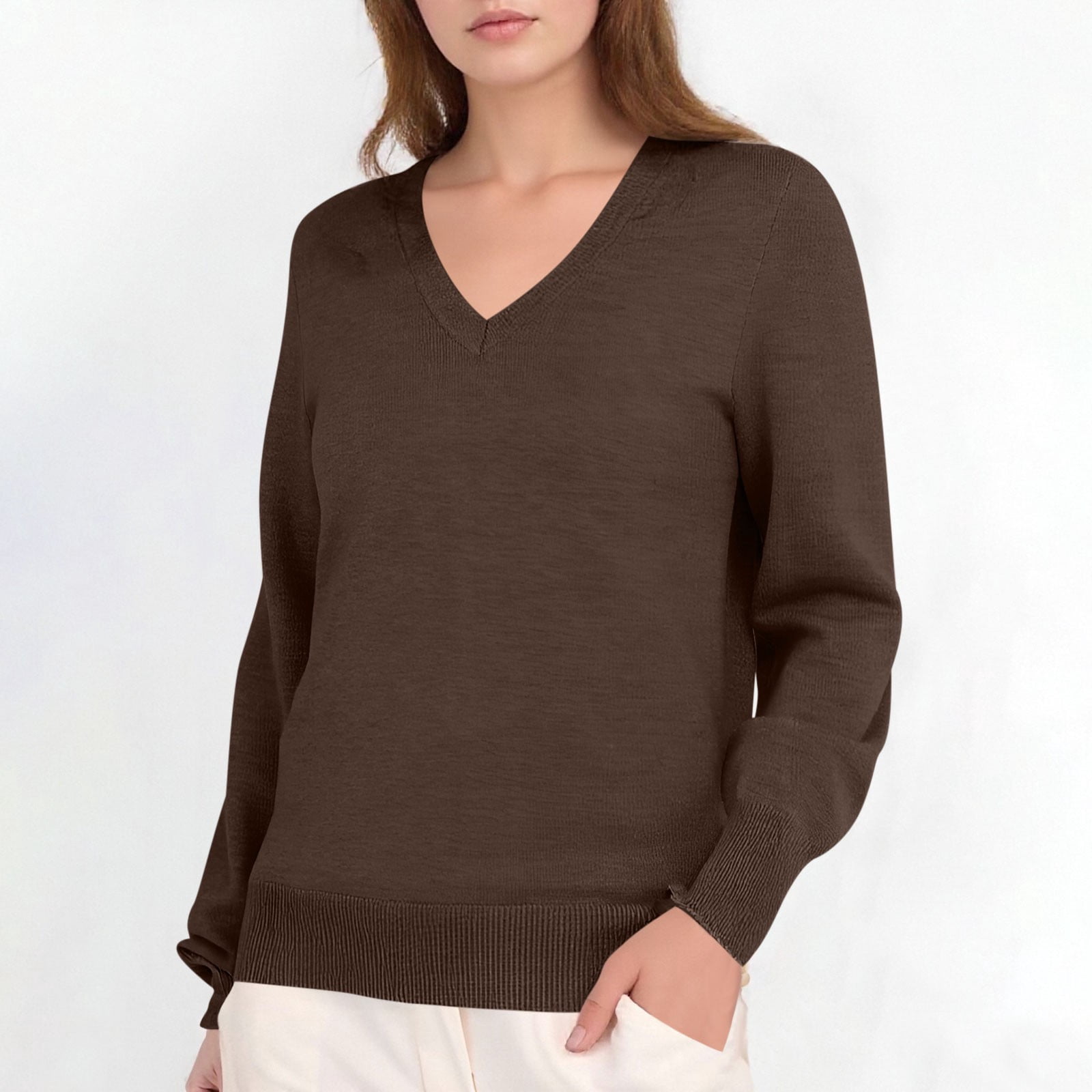 Hvot&aat Womens Solid Color Knitting Sweater Long Sleeve V Neck Classic Pullover Soft Lightweight Tops