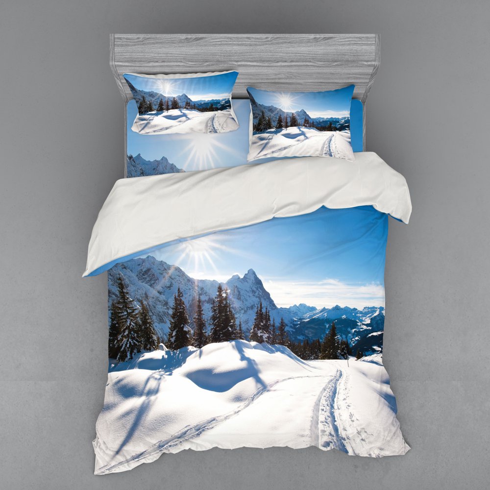 Winter Duvet Cover Set, Panoramic Winter Scenery on Snow Covered