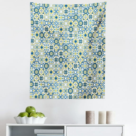 Ethnic Tapestry, Traditional Moroccan Mosaic Portuguese European Medieval Pattern, Fabric Wall Hanging Decor for Bedroom Living Room Dorm, 5 Sizes, Blue Yellow White, by Ambesonne