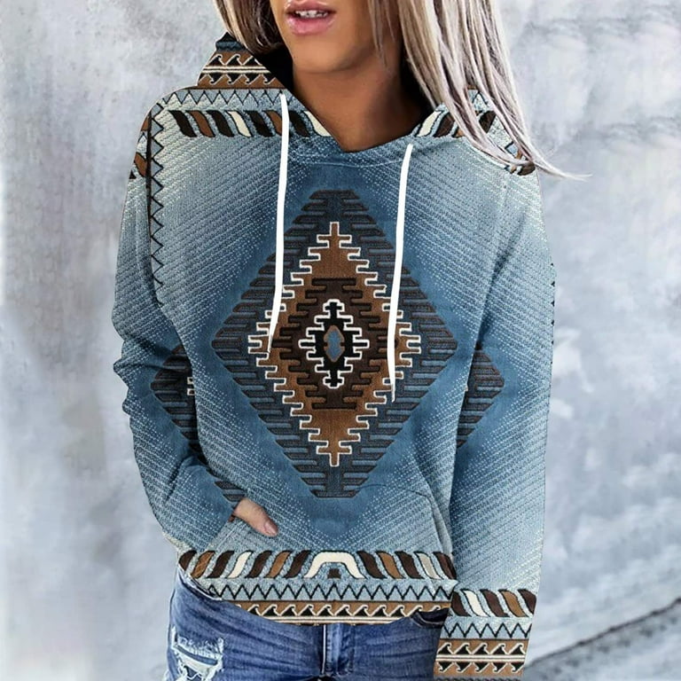 JGGSPWM Womens Ethnic Sweatshirt Aztec Hoodies Geometric Print Hoodie with  Pocket Long Sleeve Drawstring Sweatshirts Pullover Western Style Hoodie  Light Blue L