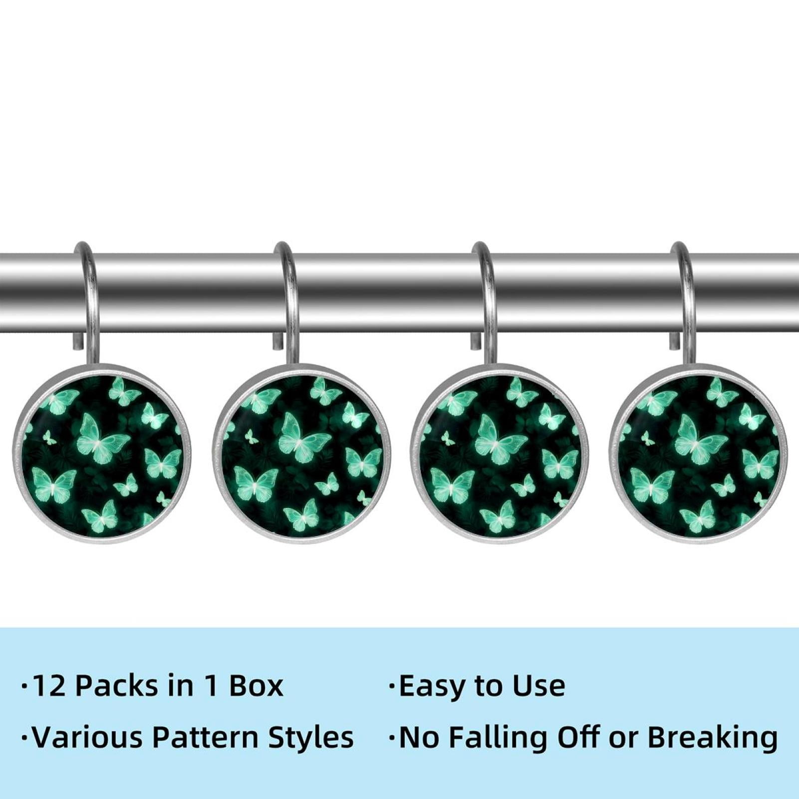 12pcs Decorative Shower Curtain Hooks, Rust Resistant Shower Rings for Bathroom Living Room,Rustproof Stainless Steel Rings for Shower Curtain and Liner Rods,Neon Green Leaves Butterflies