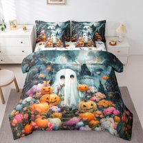 Manfei Lovely Ghost 7-Piece Twin Bedding Sets,Funny Pumpkin Lantern Bedding Comforter Set,Kids Halloween Theme Sheet Sets For Teens,Luxury Bedroom Decor Reversible