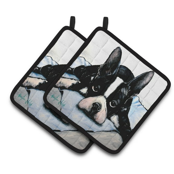 Carolines Treasures MW1241PTHD Boston Terrier Jake Dog Tired Pair of Pot Holders  7.5HX7.5W multicolor