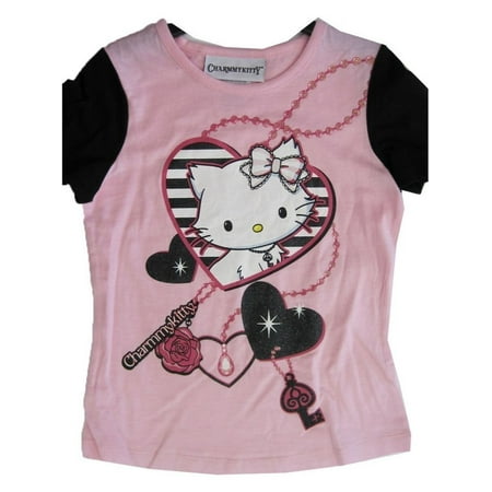 hello kitty girls pink black heart charming kitty print t shirt 7 16
