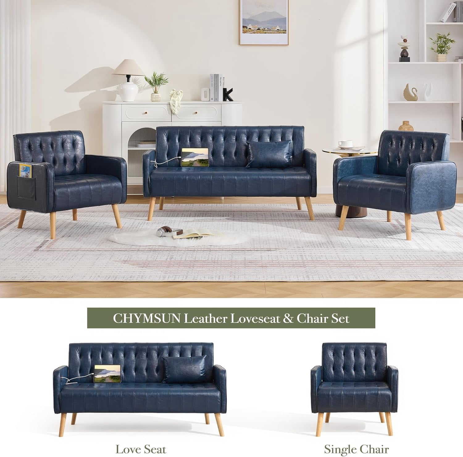 LAZZO 57" Loveseat Sofa, Faux Leather Tufted Couch with USB Ports and Side Pockets, Blue